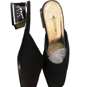 Cara Mia Black Fabric Mule Tiger Block Heel Shoe 8